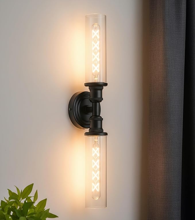 Ken & Ricky 24" Bathroom Light Fixtures, Black Wall Sconce with Clear Glass Shade, Bathroom Vanity Lights Over Mirror for Living Room Bedroom Kitchen Hallway, KR3376-W-BK-1PK