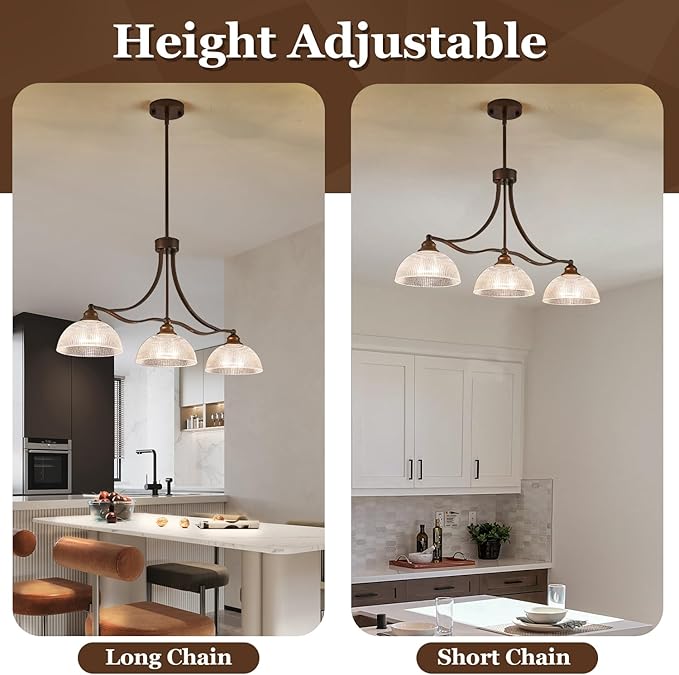 3-Light Oil Rubbed Bronze Pendant Light for Kitchen Island Antique Dome Hanging Light Fixture Brushed Bronze Dinner Room Light with Crystal Glass Adjustable Pendant Lamp for Bedroom Hallway Entryway