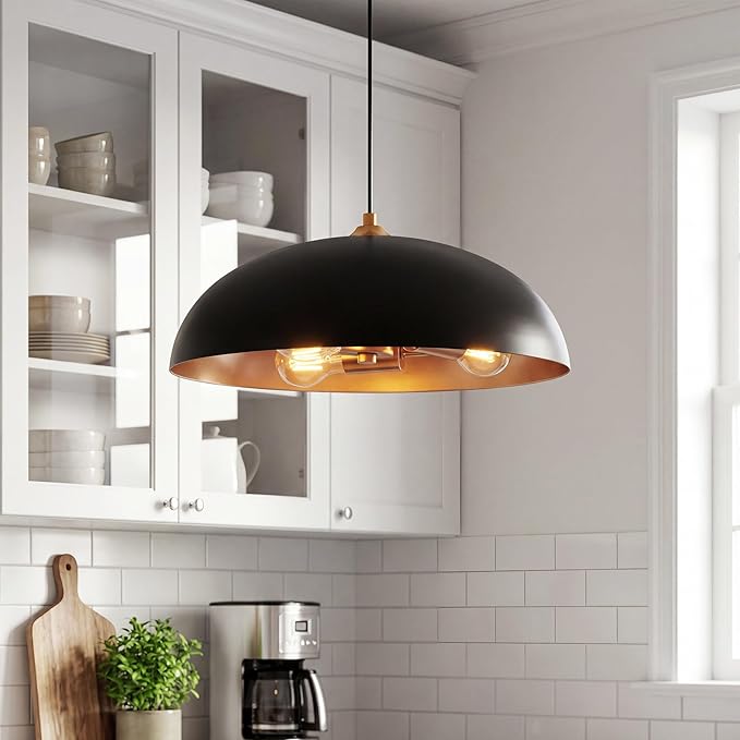 kudos 3-Light Pendant Lights, Modern Pendant Lights Kitchen Island with Matte Black Metal Finish and Gold Interior, Hanging Lamp with Adjustable Cord for Hallway Kitchen Bar Bedroom, KDPL02-BKE