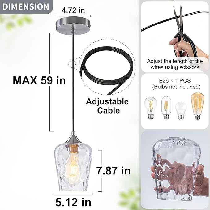 3 Pack 5.1" Kitchen Pendant Lights, Small Brushed Nickel Hammered Glass Pendant Light Fixtures, Mini Modern Pendant Lights Kitchen Island Lighting for Dining Room Over Sink