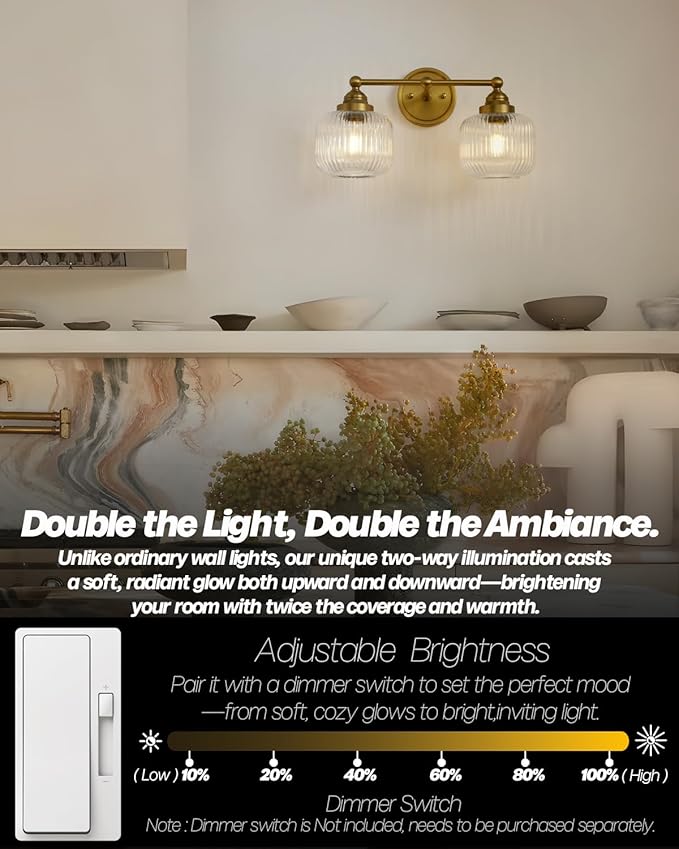 Vintage 2-Lights Clear Ribbed Glass Wall Sconce Lighting Brass Finished, Double Head Bathroom Vanity Light Fixture for Bedroom Living Room Dining Room Hallway
