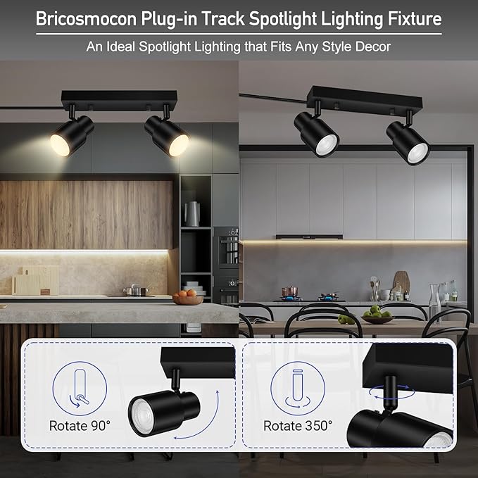 Plug in Track Lighting Fixtures Ceiling, Black Track Light LED, 2-Light Plug in Wall Lights with Cord, 2 Way Ceiling Spotlight, Rocker Switch, Rotatable Spotlight for Bedroom, Bulb Not Included