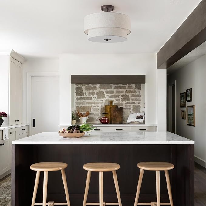 Bargeni 16" Semi Flush Mount Ceiling Light, 3-Light Drum Ceiling Light Fixture, Oil Rubbed Bronze with Double Linen Fabric Shade, Modern Light Fixtures Ceiling Mount for Bedroom, Living Room, Entryway