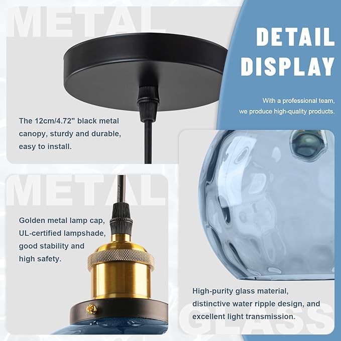 Modern Pendant Lights Kitchen Island, Hand Blown Glass Hanging Kitchen Lights with 7.8" Blue Hammered Globe, 1-Light Island Pendant Lights for Kitchen Dining Room Bathroom Bedroom