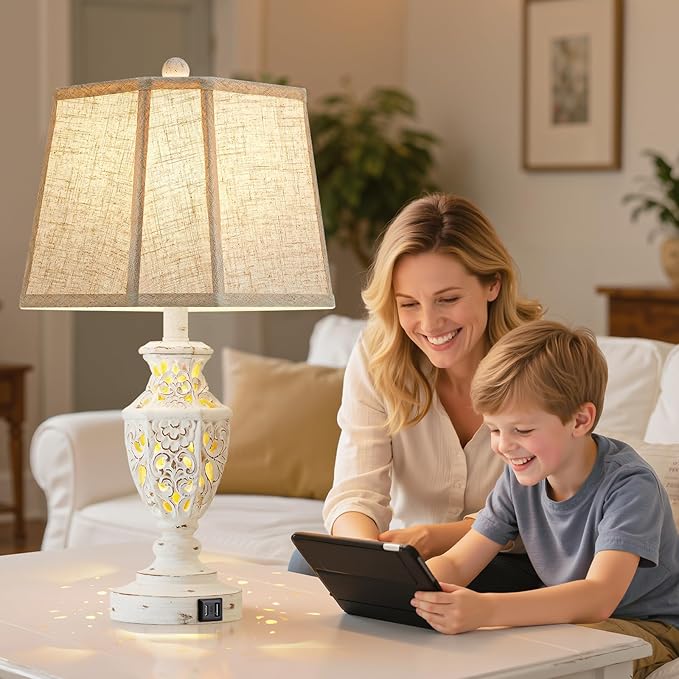 EJIAXIN Lamps for Night Stands Set of 2-23.5" Boho Bedside Lamp with USB A+C and Nightlight - Cream Rustic Carved Resin Farmhouse Table Lamp for Bedrooms, End Tables, Living Room, Bulbs Included