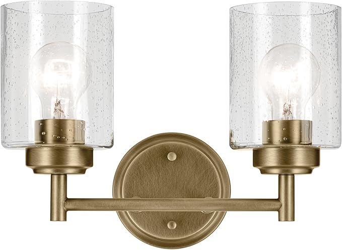 Kichler Winslow 13" 2-Light Bathroom Vanity Light Fixture with Clear Seeded Glass in Natural Brass for Luxe Industrial Style Over Mirror (13" x 9.25" x 6.5"), 45885NBR