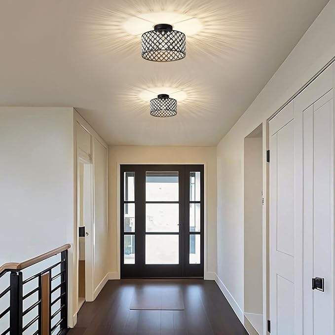 Black Crystal Ceiling Light Fixture,Modern Semi Flush Mount Ceiling Lighting Fixture,Round Small Chandelier for Dining Room, Hallway, Entryway, Kitchen, Bedroom,Foyer,1 Light,11.2 inch