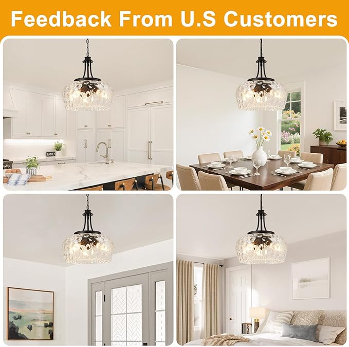 Modern Pendant Lights Kitchen Island, 3-Light Black Pendant Light Fixtures with 14.2" Clear Hammered Glass Shade, Industrial Hanging Pendant Lights Fixture for Kitchen Island, Dining Room, Entryway
