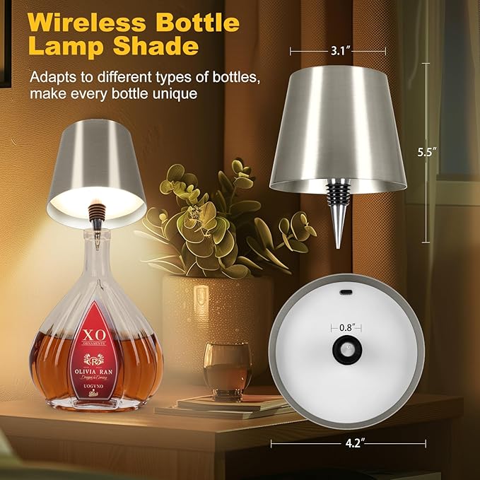 Wireless Bottle Lamp, 2026 New 3 Color Rechargeable Led Wine Bottle Lights for Bars Restaurants (Silver, 1PC)