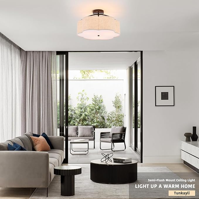 18" Semi Flush Mount Ceiling Light Modern 3-Lights Black Drum Ceiling Light Fixture with Fabric Linen Shade, Vintage Modern Ceiling Lighting for Laundry Room, Kitchen, Basement, Bedroom