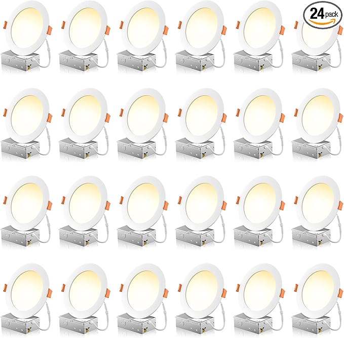 FREELICHT 24 Pack 6 Inch 5CCT Ultra-Thin LED Recessed Ceiling Light with Junction Box, 2700K/3000K/3500K/4000K/5000K Selectable, 1050LM Brightness, Dimmable Canless Wafer Downlight, 12WEqv110W-ETL&FCC