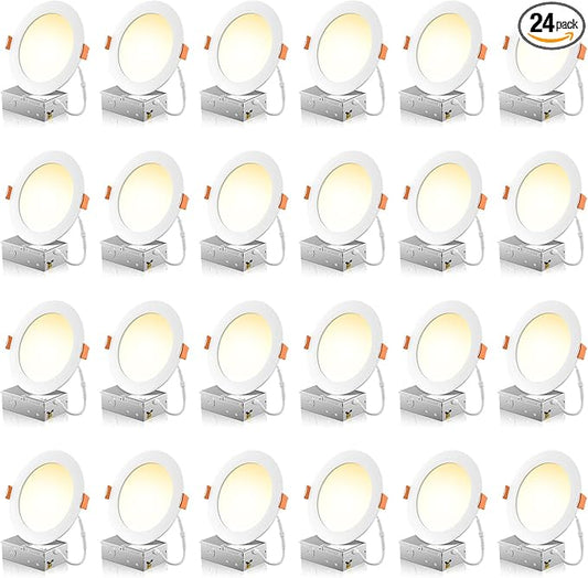 FREELICHT 24 Pack 6 Inch 5CCT Ultra-Thin LED Recessed Ceiling Light with Junction Box, 2700K/3000K/3500K/4000K/5000K Selectable, 1050LM Brightness, Dimmable Canless Wafer Downlight, 12WEqv110W-ETL&FCC