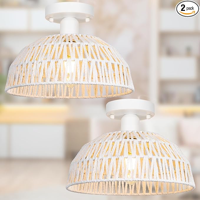 Rattan Ceiling Light Fixtures 2 Packs-White Rustic Woven Basket Flush Mount Ceiling Light, Handmade Wicker Ceiling Lamp, Rattan Chandelier For Kitchen Island, Hallway, Living Room, Bedroom, E26 Base