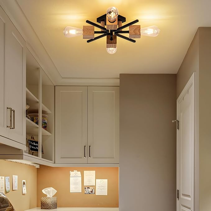 4 Light Sputnik Light Fixture Black Flush Mount Lights Industrial Ceiling Light Wood 22" Modern Farmhouse Ceiling Lights for Kitchen Bedroom Bathroom Foyer Hallway(E26)