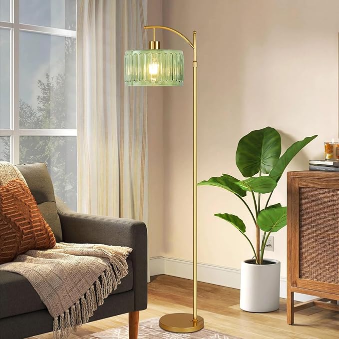 QIYIZM Glass Floor Lamp for Living Room,Bedroom,Gold Dimmable Standing Lamp with Remote,Mid Century Modern Brass Tall Lamp Boho Vintage Retro Floor Lamps Arc Green Flower Floor Light Lamp Bohemian