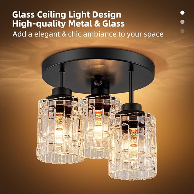 3-Lights Semi Flush Mount Ceiling Light Fixture,Matte Black Kitchen Ceiling Light with Glass Shades,Hallway Light Fixtures Ceiling Mount for Foyer Entryway Bathroom