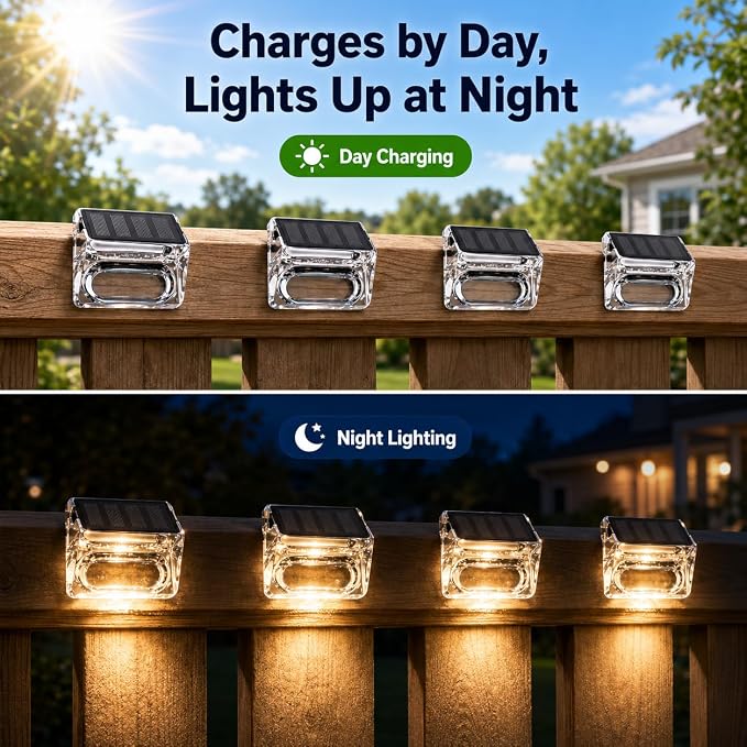 Qualdout Solar Step Lights Outdoor 8 Pack, Waterproof Solar Deck Lights with Clear Acrylic Lens, Warm White Dusk to Dawn Solar Fence Lights for Stairs, Railing, Patio, Yard, Pool, Garden