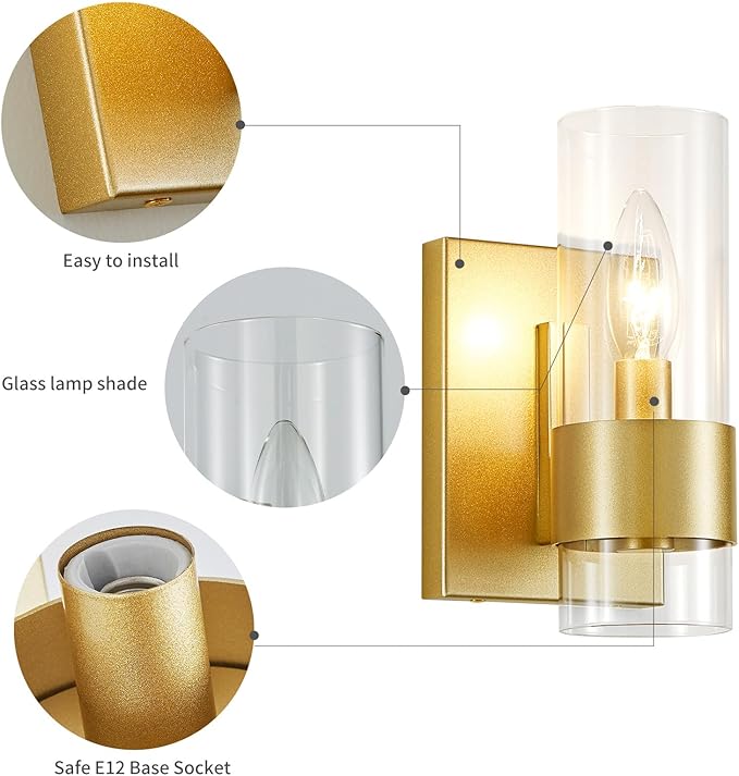 WUZUPS Set of 2 1-Light Bathroom Wall Light Fixture Over Mirror Flat Class Shade Morden Vanity Scones for Bathroom Bedroom Living Room, E12 Base, Gold