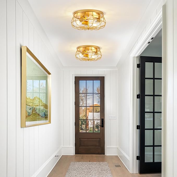 VILUXY Gold Semi Flush Mount Ceiling Light Industrial 3-Light Rustic Ceiling Lamp Fixture with Metal Cage for Kitchen Living Room Dining Room Bedroom Hallway