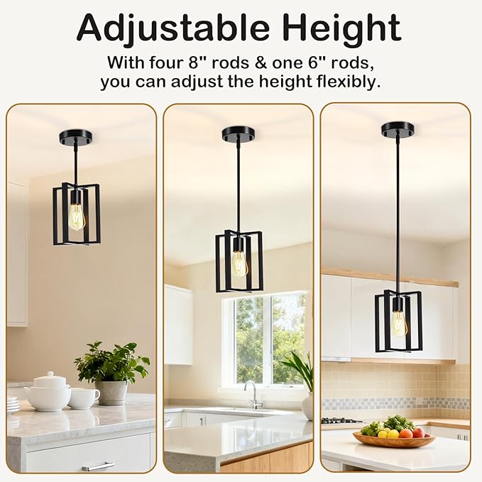 Pendant Light, Adjustable Height Farmhouse Pendant Light Fixtures, 1-Light Black Hanging Light Fixture for Flat&Sloped Ceiling, Metal Frame Pendant Lighting for Kitchen Island Dining Room Entryway