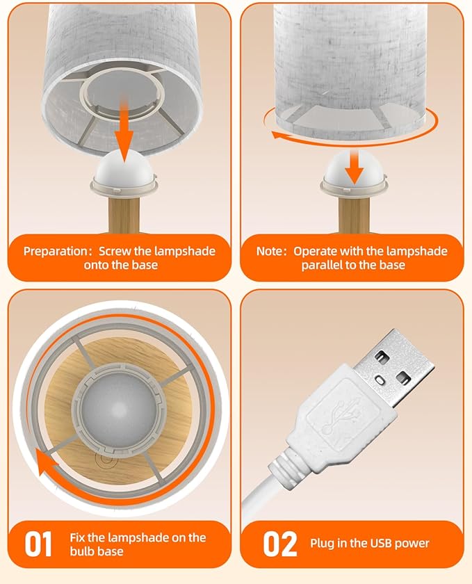 Small Table Lamp for Bedroom - Inline Control, Bedside Lamp for Warm Light LED Desk Lamp, Wood Base Round Flaxen Fabric Shade for Kids Room, Living Room, College Dorm, Home, Office