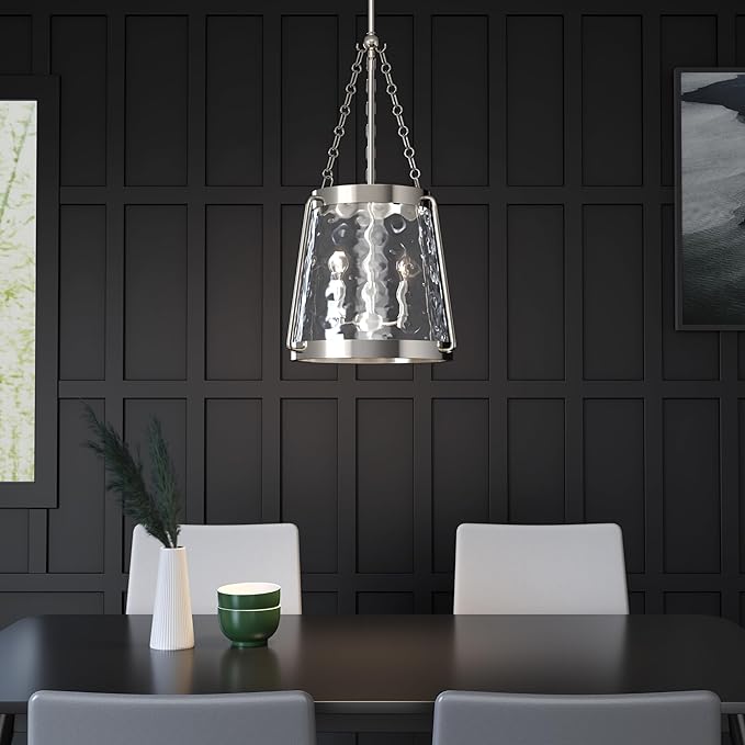 ML Lighting | Adabella Collection | 20403-PN | 3 Light Pendant in Polished Nickel Finish with Clear Hammered Glass Shade | Perfect for Kitchens, Dining Rooms, Living Rooms, Entryways, Hallways