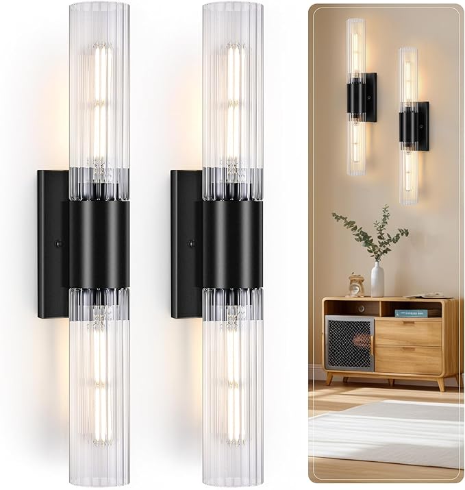 21" Bathroom Vanity Sconces Set of 2, Black Hardwired Wall Sconces Set of Two with Threaded Glass Shade, Modern Up Down Wall Decor Set of 2 for Bathroom Living Room Bedroom Hallway-Bulb Not Included ﻿