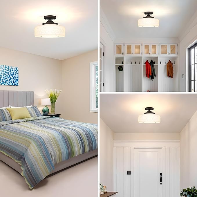 Black Semi Flush Mount Ceiling Light with Hand-Carved Design - 12 Inch Vintage White Glass Shade with Etched Patterns, Easy Install 3-Light Fixture for Hallway, Kitchen, Bedroom