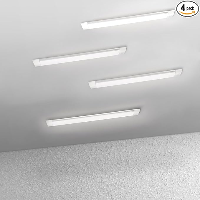 4-Pack 2FT LED Batten, Close to Ceiling Light fixtures, 20W, Ultra-Thin Day Light, 4000K, IP20, LED Ceiling Light for Garage, Stores, Warehouse, Office, Corridor, supermarkets, etc.