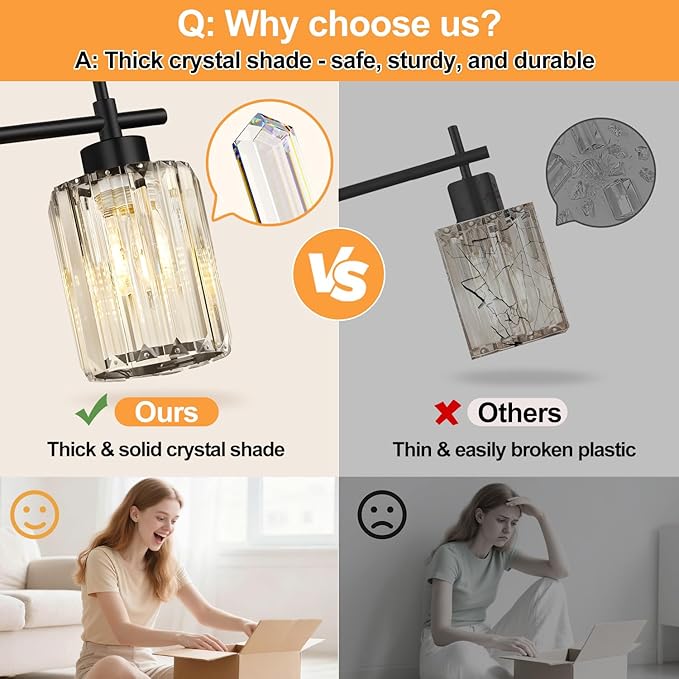 Matte Black Vanity Light, 3-Light Crystal Modern Bathroom Lighting Fixtures Over Mirror, Black Bathroom Vanity Light (Bulbs Not Included)