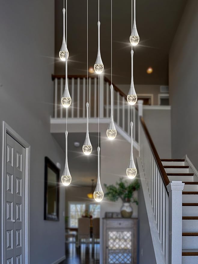 ykolupty Rectangular Chandeliers for Living Room Silver Dining Room Lights Fixture Raindrop Pendant Lights Kitchen Island Crystal Chandelier for Staircase Hallway Foyer Entryway