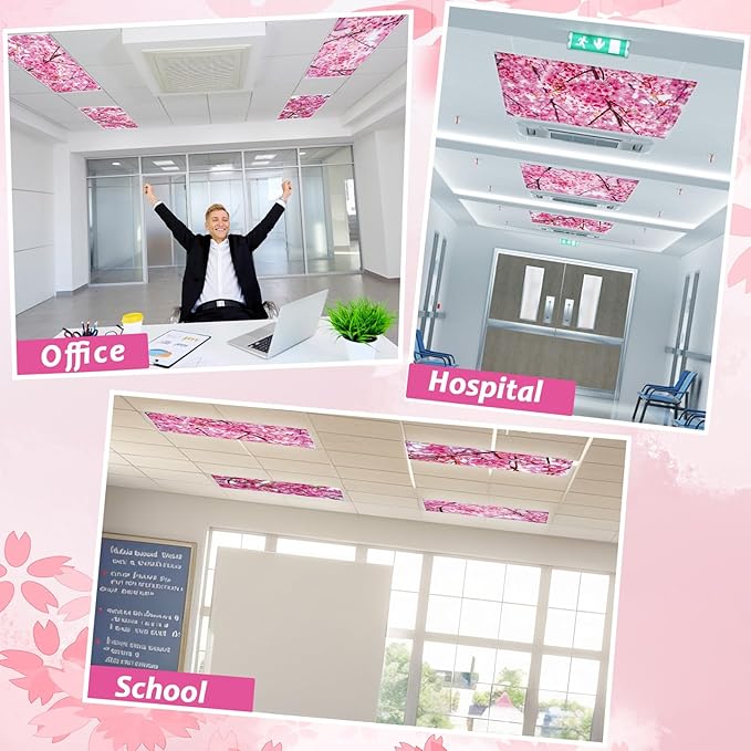 Wiooffen 4 PCS Fluorescent Light Covers for Classroom Ceiling Light 4x2ft Magnetic Lights Covers Filter Easy Install for School Office Hospitals Ceiling Supplies (Cherry Blossom)
