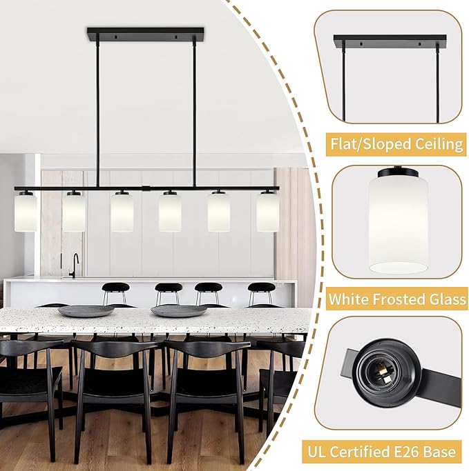 6-Light Modern Island Lights for Kitchen, Black Dining Room Light Fixtures Over Table, Pendant Lighting Over Island Kitchen Hanging Light Fixtures 45.27'' Large Chandeliers with Milky Glass Shades