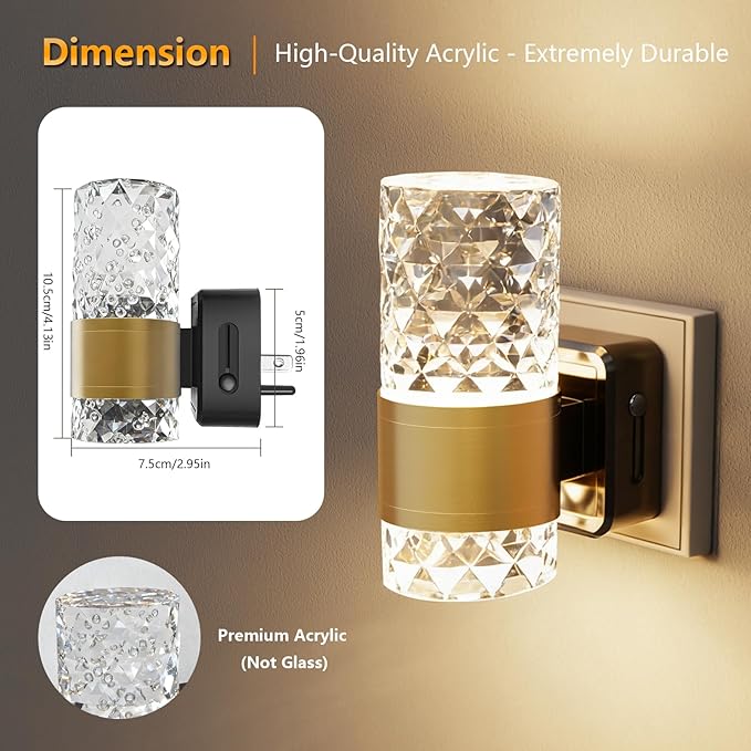 LED Night Lights Plug into Wall 2 Pack, Acrylic Nightlight with Dusk to Dawn Sensor, 0-100LM Stepless Dimmable, 3000K Soft Light, Wall Sconce Night Light Plug in for Bathroom Hallway Room