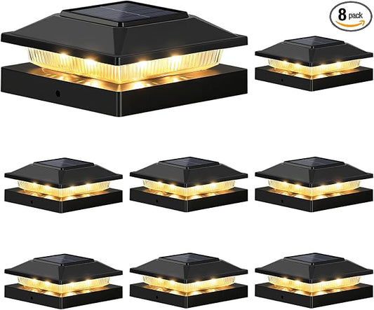 Brightever 4x4 3.5x3.5 Solar Post Cap Lights 8-Pack, Outdoor Solar Powered Fence Post Lights, Black Solar Waterproof Deck Post Lights for Vinyl/Wood Posts, Warm/Cool White, Perfect for Garden Patio