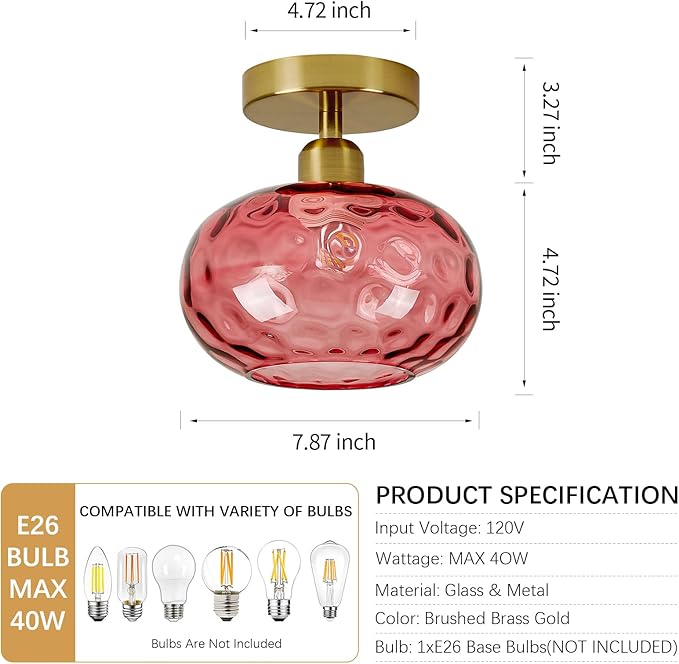 Red Glass Semi Flush Mount Ceiling Light - 7.9 Inch Hammered Art Deco Glass Small Hallway Light fixtures, Vintage Gold Flush Mount Ceiling Light for entryway Foyer Laundry Room Kitchen