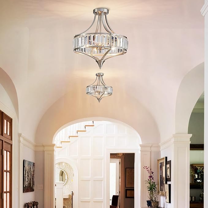 Modern Nickel Chandelier 4-Light Crystal Ceiling Light Fixtures 16 inches Flush Mount Lamp Suit for Living Room Kitchen Island Dining Room Foyer