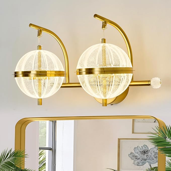 UOFUS 24W Gold Bathroom Light Fixtures Modern LED Vanity Light with Globe Acrylic LampShade 2 Lights Mid Century Wall Sconces Indoor Vanity Lights Over Mirror for Bedroom Hallway Entryway