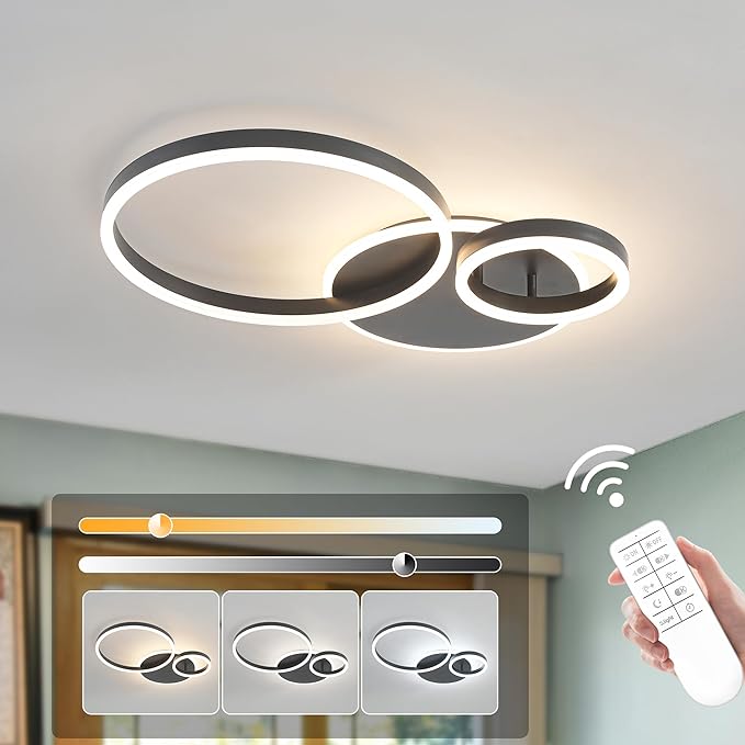 O'NEELDY Modern Dimmable LED Flush Mount Ceiling Light Remote Control Acrylic Ring Chandelier, 48W 3000K-6000K Adjustable, Black Fixture for Bedroom, Living Room, Dining Room, Kitchen and Hallway