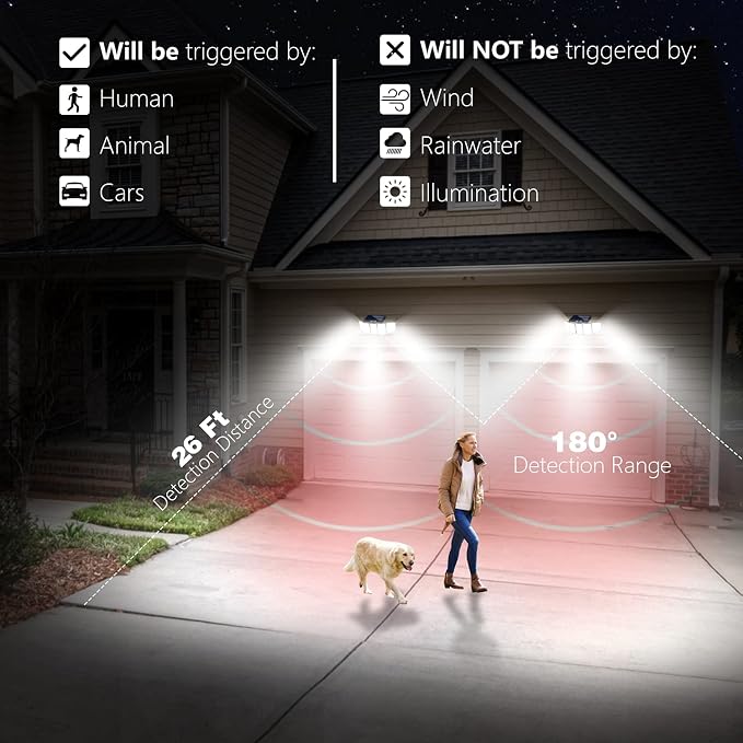 AmeriTop Solar Lights Outdoor 300 LED 6500K Motion Sensor Lights Cordless; 5 Adjustable Heads, 360° Wide Angle Illumination, IP65 Waterproof, Security Flood Light for Patio Yard Garden 2 Pack