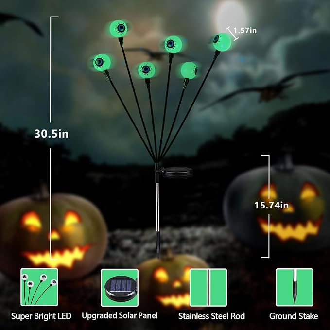 Solar Halloween Decorations Outdoor 2 Pack 12 LED Green Solar Eyeball Light | Newly 3-Tier Design, 2 Lighting Modes, Auto ON/OFF, IP65 Waterproof, Garden Lights for Walkway Yard Lawn Horror Party Decor