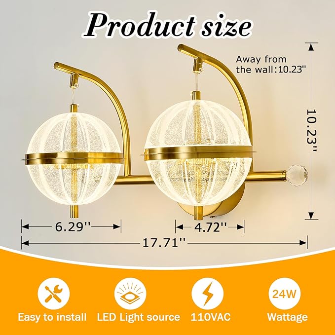 UOFUS 24W Gold Bathroom Light Fixtures Modern LED Vanity Light with Globe Acrylic LampShade 2 Lights Mid Century Wall Sconces Indoor Vanity Lights Over Mirror for Bedroom Hallway Entryway