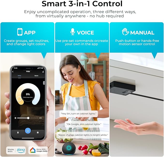 VST Smart Under Cabinet Lighting Work with Alexa Google Home Assistant App Remote Control, Recessed or Surface Mount 12V 2W/pc Puck Light for Kitchen Under Counter, Display Case, 6 Pack 3000K~6000K.