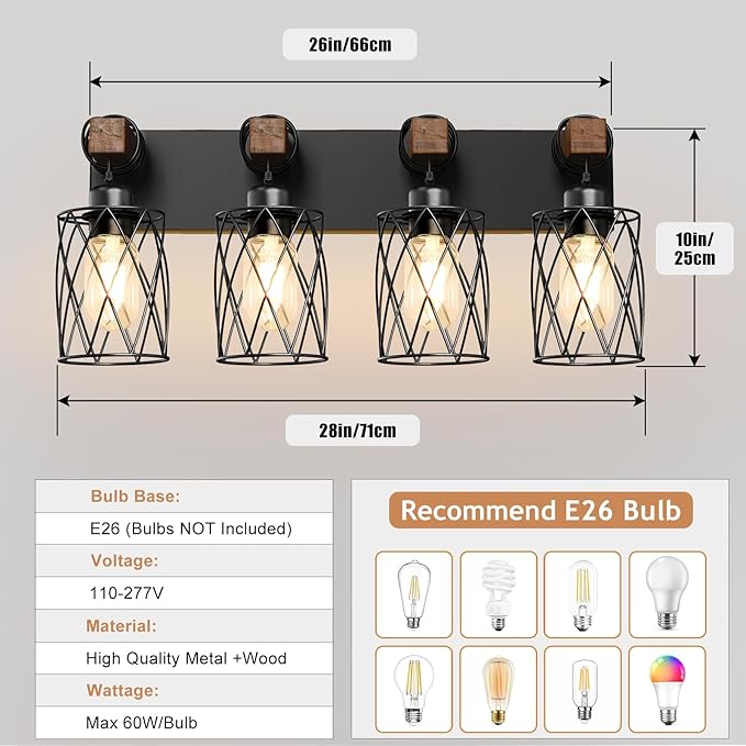 IZORRO Farmhouse Bathroom Vanity Light, 4-Light Wood Bathroom Light Fixtures Over Mirror, Black Industrial Vanity Lights with Metal Shade, Rustic Restroom Lighting Fixtures