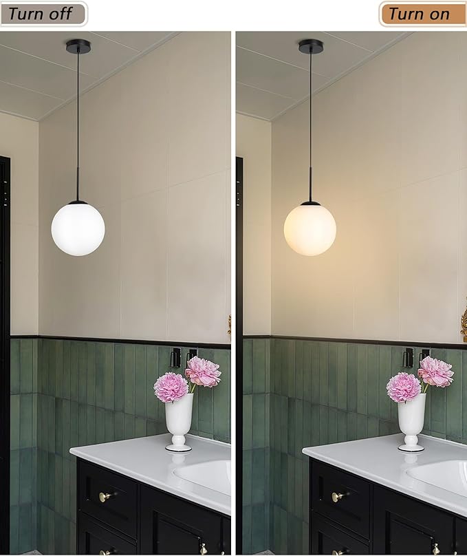 10" Milk Glass Pendant Light Mid Century Modern Globe Hanging Light Fixtures for Dining Room Kitchen Island Bedroom, Black