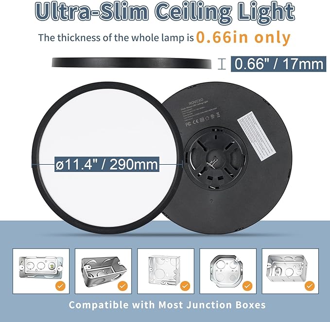 11.4 Inch 6PK LED Flush Mount Ceiling Light, ETL ,24W, 2427LM, 3000K/3500K/4000K/5000K/6500K CCT Selectable, 0.66in Ultra Thin Round Flat Panel Ceiling Light Fixture for Bedroom, Kitchen, (Black)