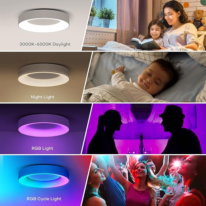 Annaror 16 Inch RGB Led Flush Mount Ceiling Light with Remote Control, 36w Dimmable Ceiling Lighting Fixture, 3000K-6500K Color Changeable, Modern White, for Bedroom Kids Room