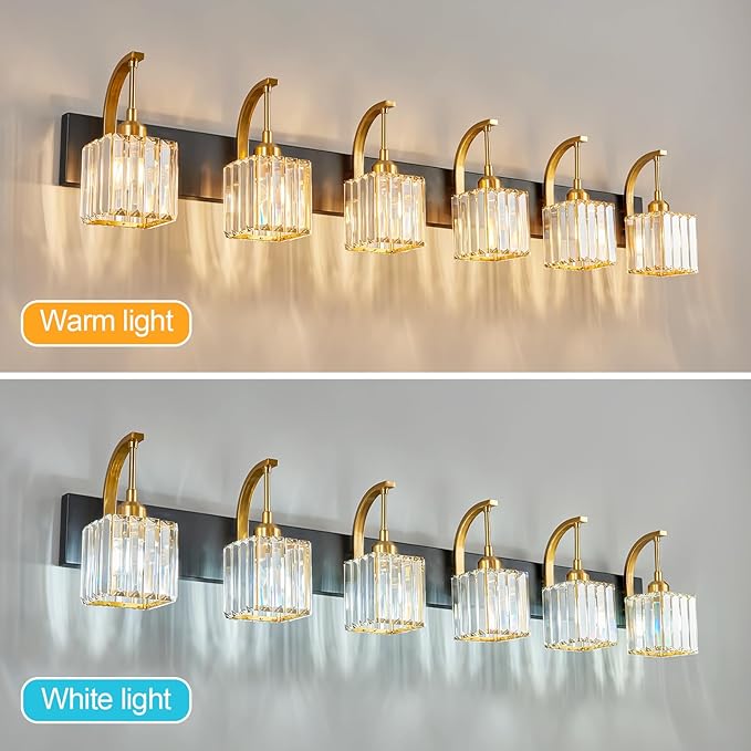 Crystal Vanity Lights 6-Light Black Gold Bathroom Vanity Lights Modern Crystal Bathroom Light Fixtures Over Mirror 51.18" Long Vanity Light for Bathroom