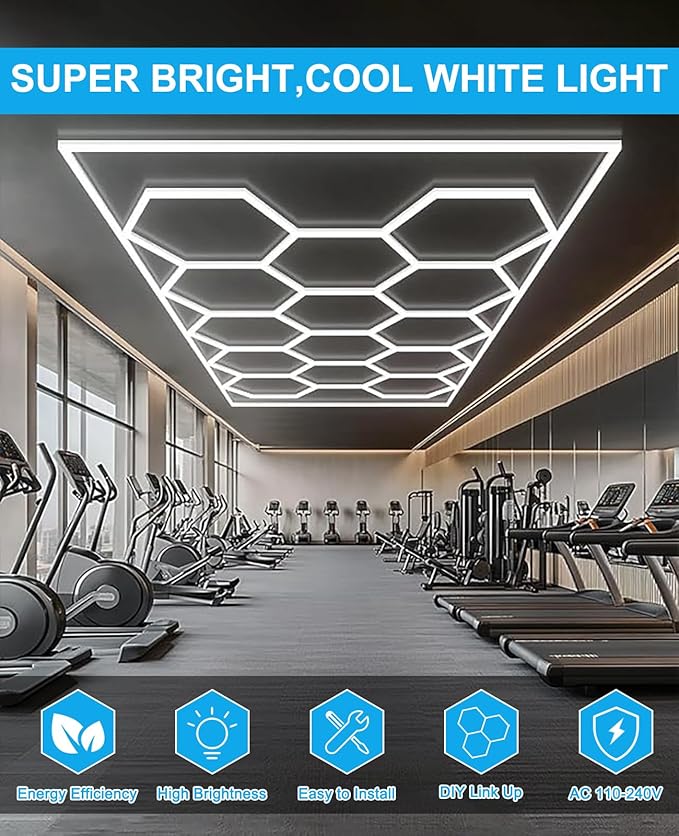 Garage Lights Hexagon led Lights DIY Ceiling LED Shop Light 91630LM for Basement Warehouse Workshop Barbershop Car Care Wash Room Auto Beauty Gym Exhibition Hall 14 Grids with Rectangle Frame 6500K