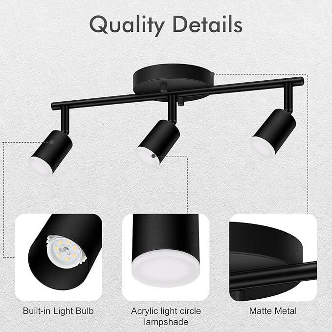 AUQUEE 3 Light Track Lighting Fixtures Ceiling, 12W/2700K Black Track Lighting with Acrylic Lampshade & Rotatable Light Heads, 20000hrs Lifespan, Modern LED Track Lights Ceiling for Kitchen/Hallyway